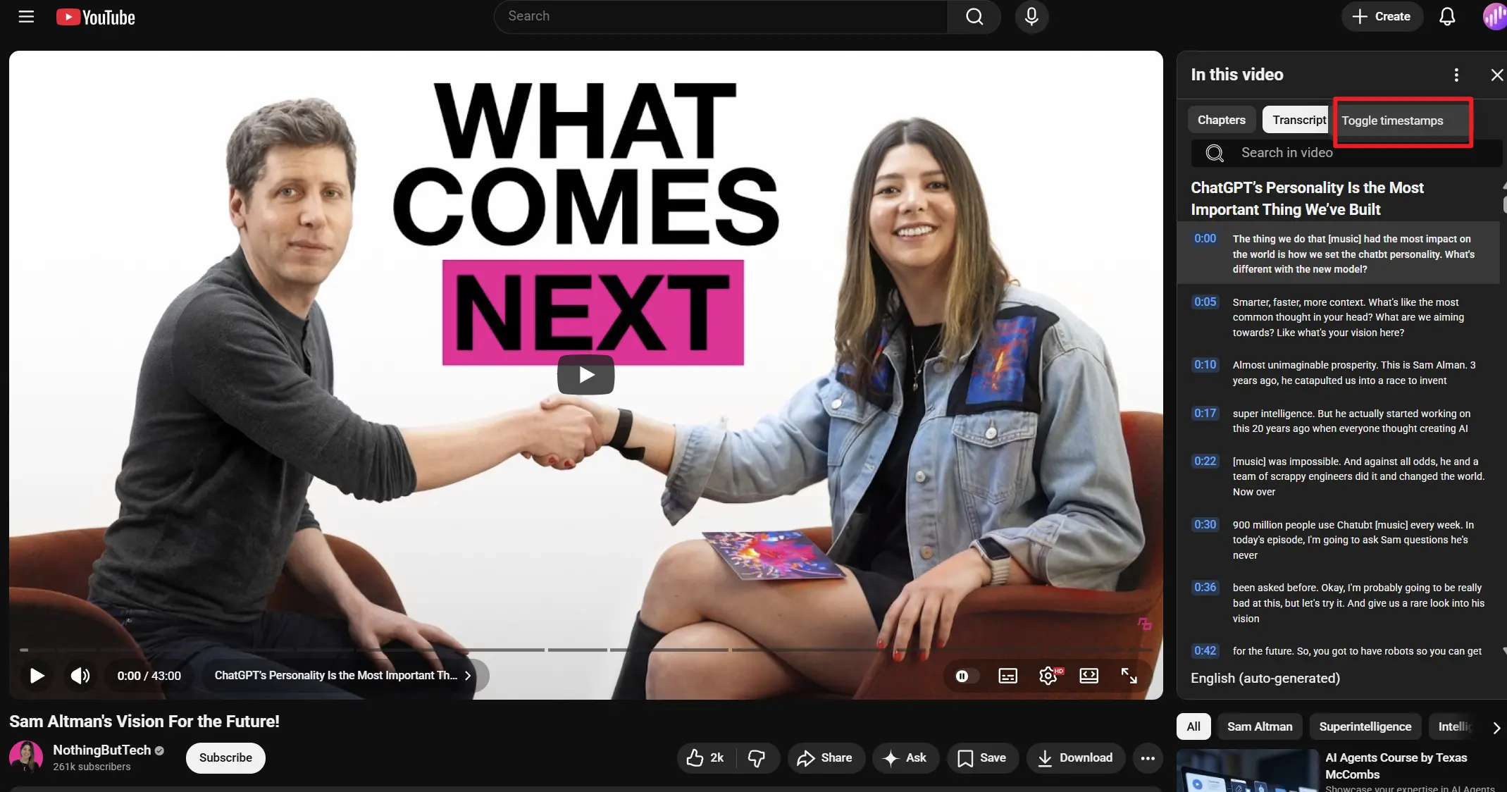 Toggle Timestamps on YouTube Transcript